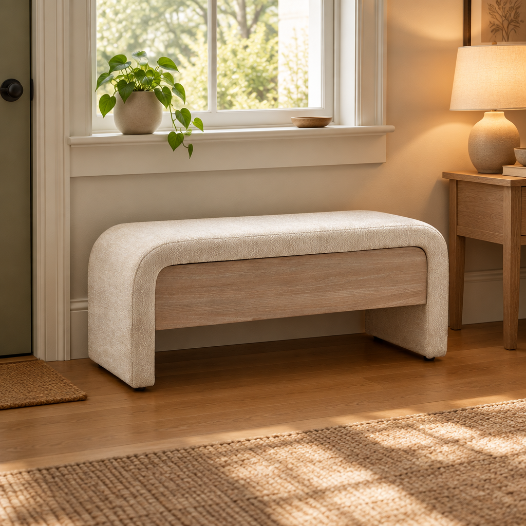 Fabric and Wood Storage Bench in Oatmeal in a styled interior