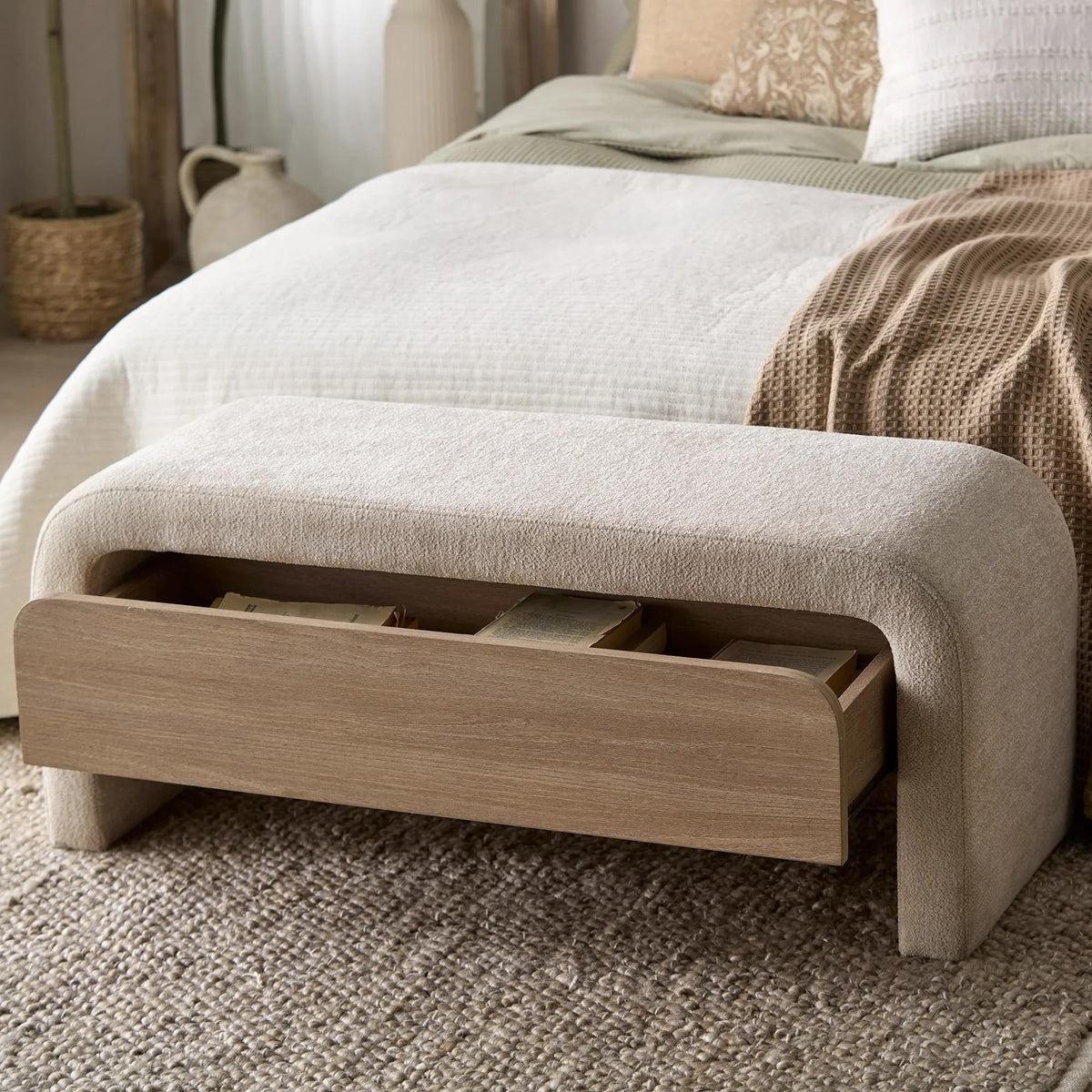 Fabric and Wood Storage Bench in Oatmeal - view 6