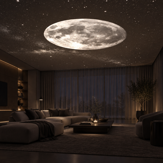 Moon projected on a living room ceiling by a galaxy projector