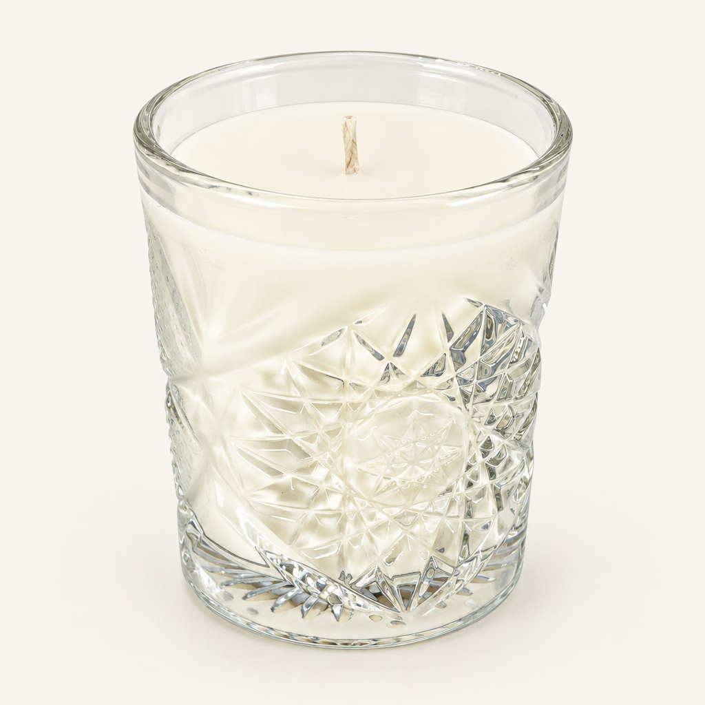 Brandy Old Fashioned Scented Soy Candle in Pressed Glass on a plain off-white background