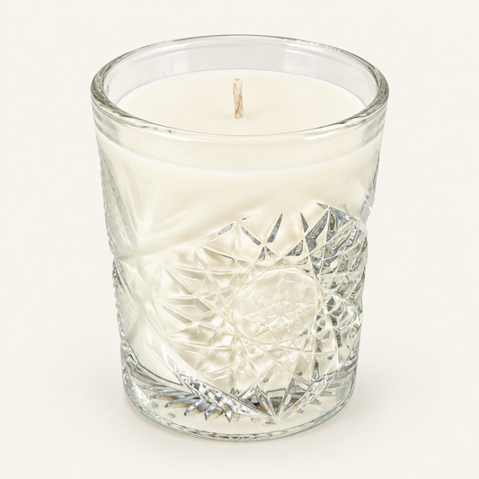 Brandy Old Fashioned Scented Soy Candle in Pressed Glass on a plain off-white background