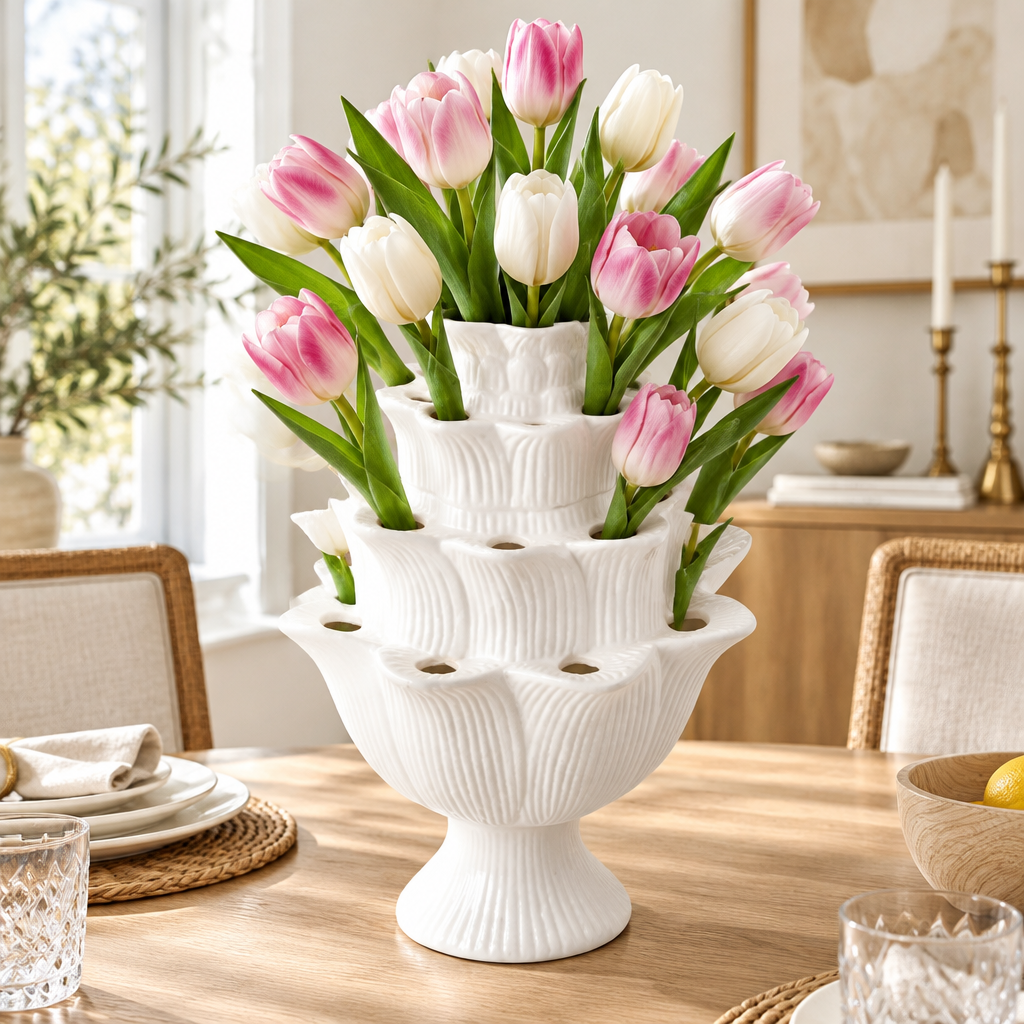 White Artichoke Tulipiere Vase, Large styled in a warm home interior
