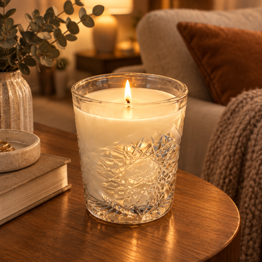 Brandy Old Fashioned Scented Soy Candle in Pressed Glass styled in a warm home interior