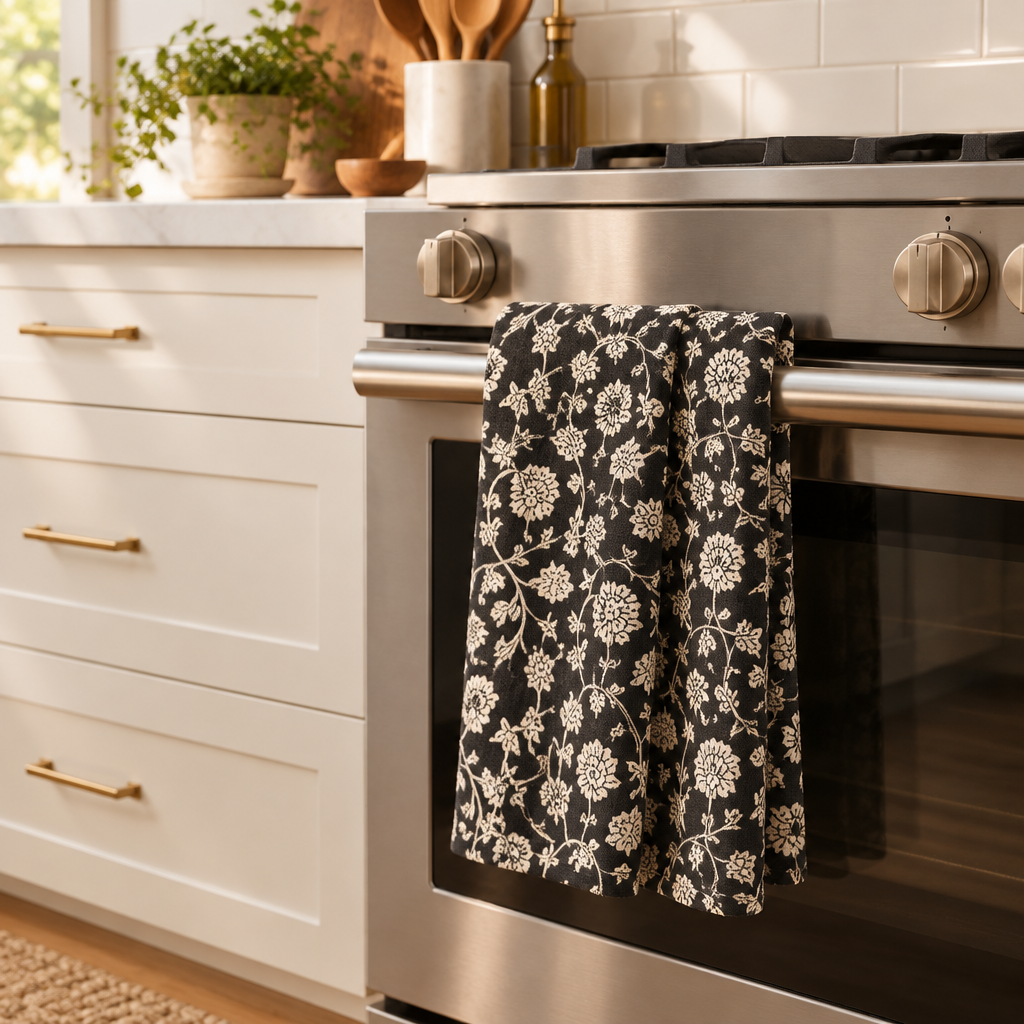 Block Print Kitchen Dish Towel styled in a warm home interior