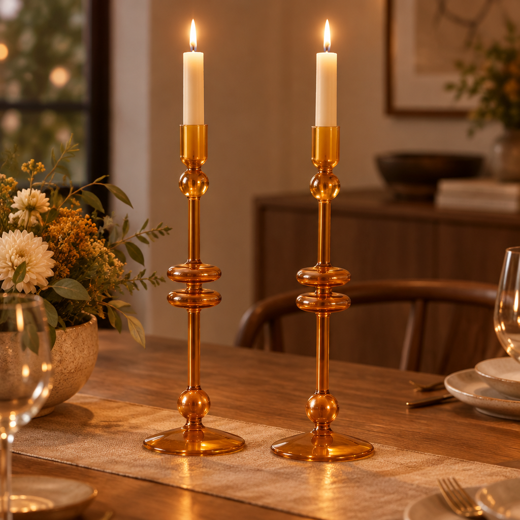 Amber Glass Taper Candlesticks, Set of 2 styled in a warm home interior