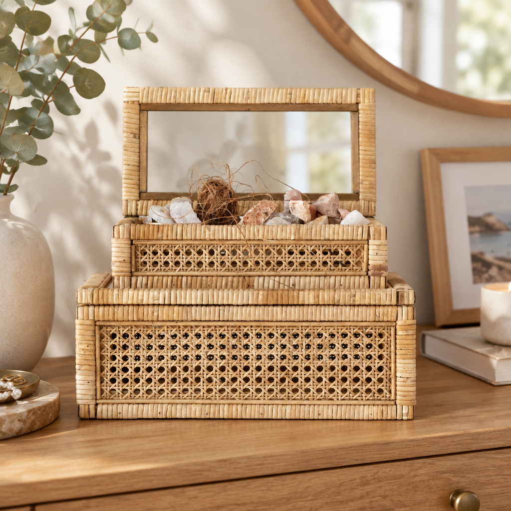 Rattan Display Box with Glass Lid styled in a warm home interior