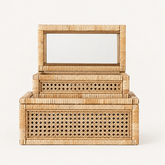 Rattan Display Box with Glass Lid on a plain off-white background