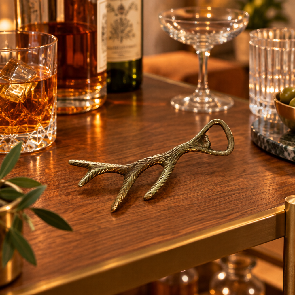 Brass-Plated Antler Bottle Opener styled in a warm home interior