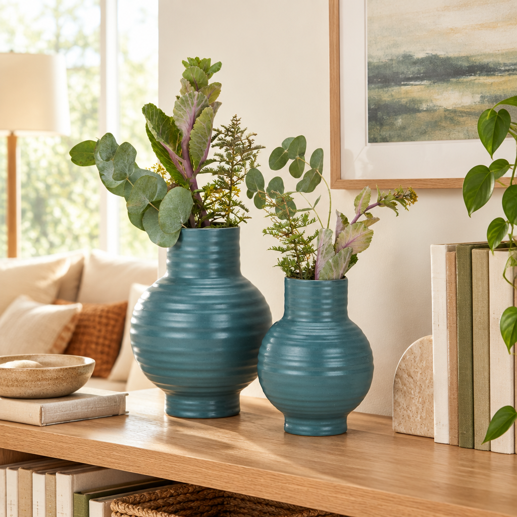 Ribbed Ceramic Vase in Blue styled in a warm home interior
