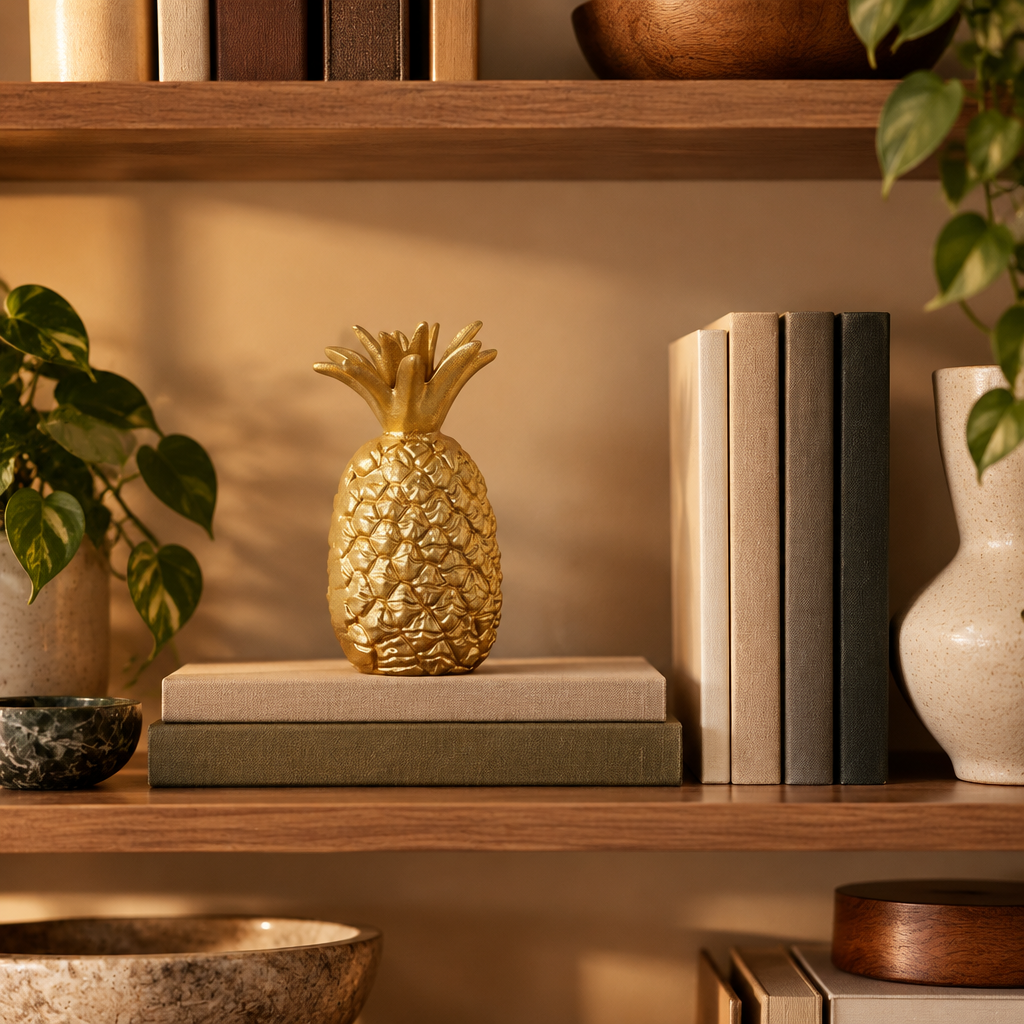 Gold Cast Iron Pineapple Sculpture styled in a warm home interior