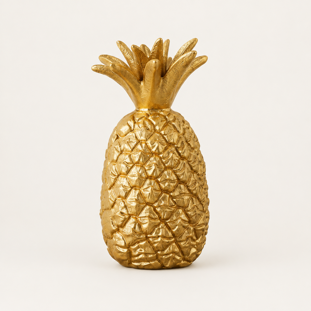Gold Cast Iron Pineapple Sculpture on a plain off-white background