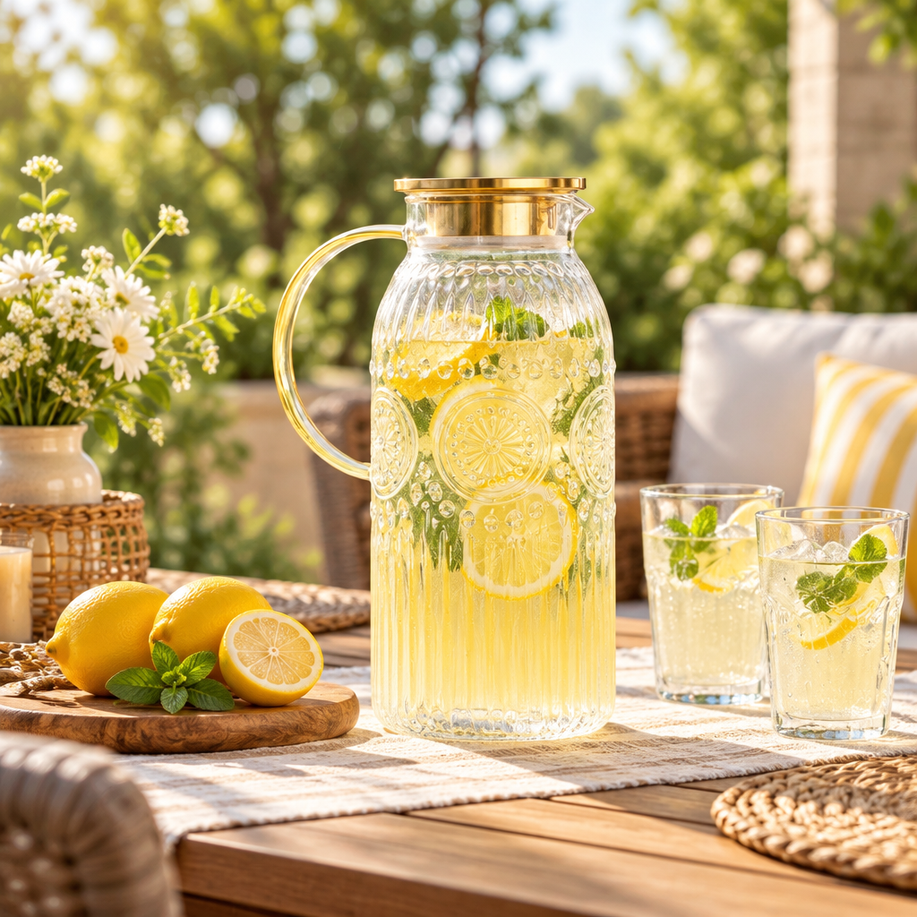 Embossed Glass Pitcher with Lid, 68 oz styled in a warm home interior