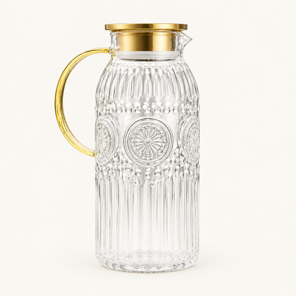 Embossed Glass Pitcher with Lid, 68 oz on a plain off-white background