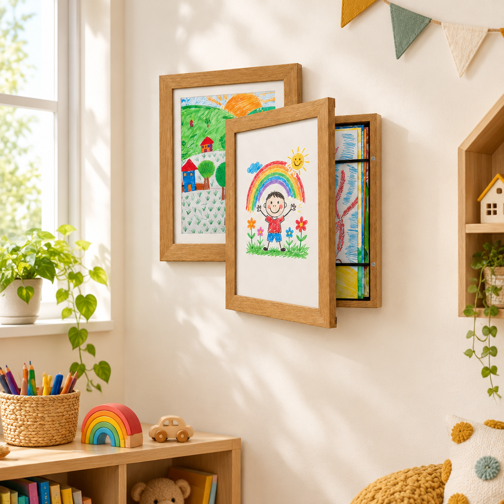 Front-Opening Kids Art Frame with Storage styled in a warm home interior