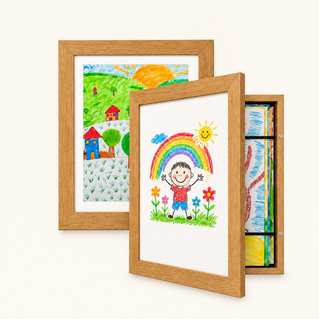 Front-Opening Kids Art Frame with Storage on a plain off-white background