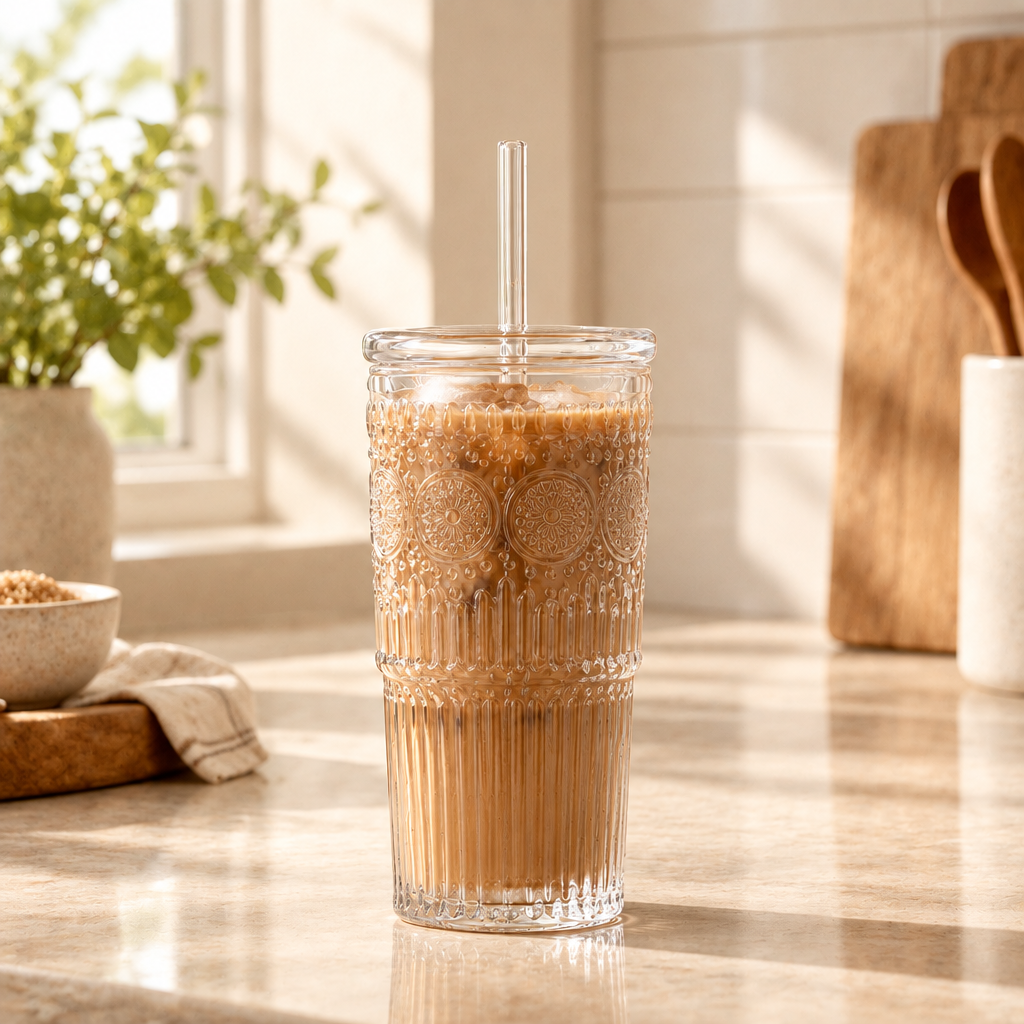 Embossed Glass Tumbler with Straw, 24 oz styled in a warm home interior