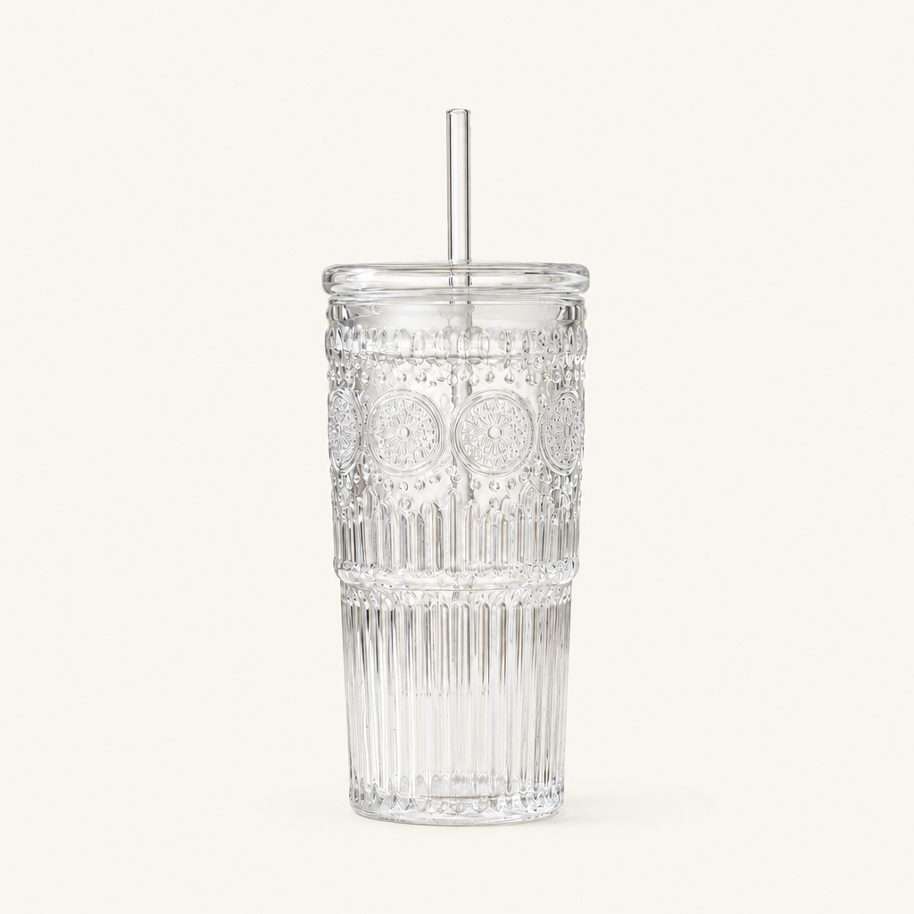 Embossed Glass Tumbler with Straw, 24 oz on a plain off-white background