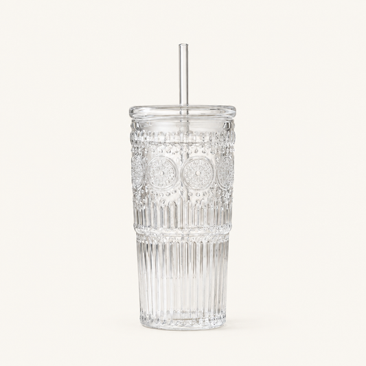 Embossed Glass Tumbler with Straw, 24 oz on a plain off-white background