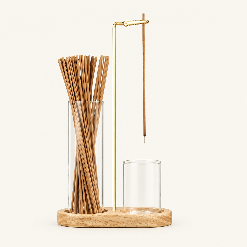Hanging Incense Holder with Glass Ash Catcher on a plain off-white background