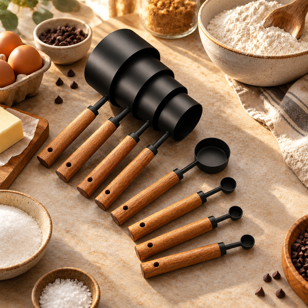 Measuring Cups and Spoons Set with Wooden Handles, 8 Pieces styled in a warm home interior