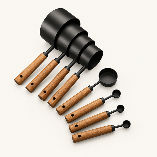 Measuring Cups and Spoons Set with Wooden Handles, 8 Pieces on a plain off-white background