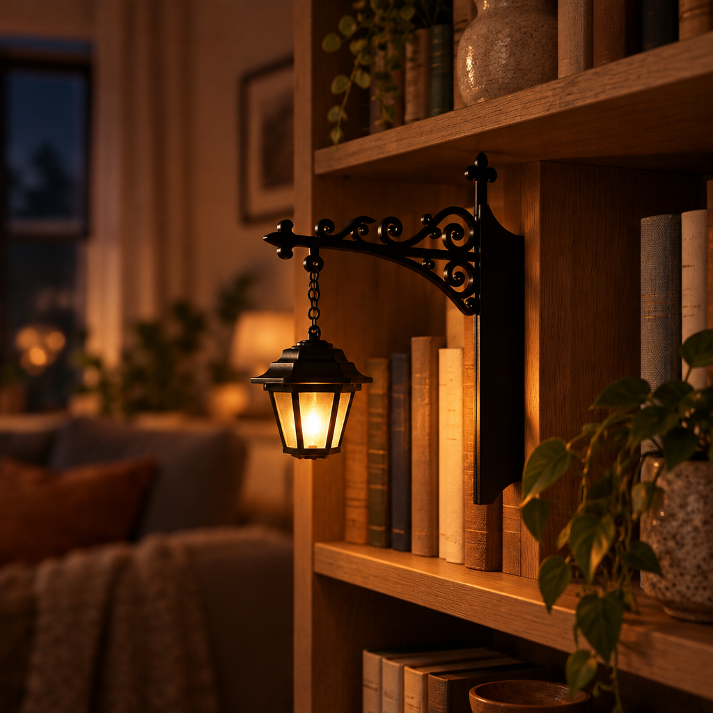 Bookshelf Bracket Lantern Night Light styled in a warm home interior