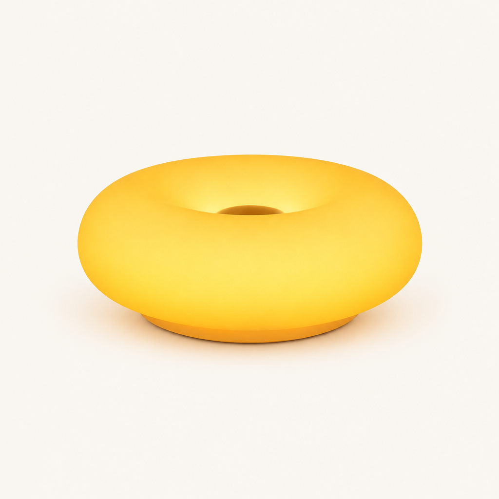 Donut LED Mood Lamp with Remote on a plain off-white background