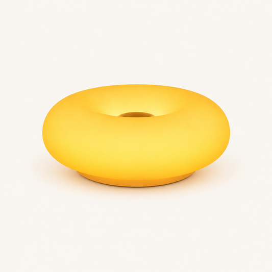 Donut LED Mood Lamp with Remote on a plain off-white background