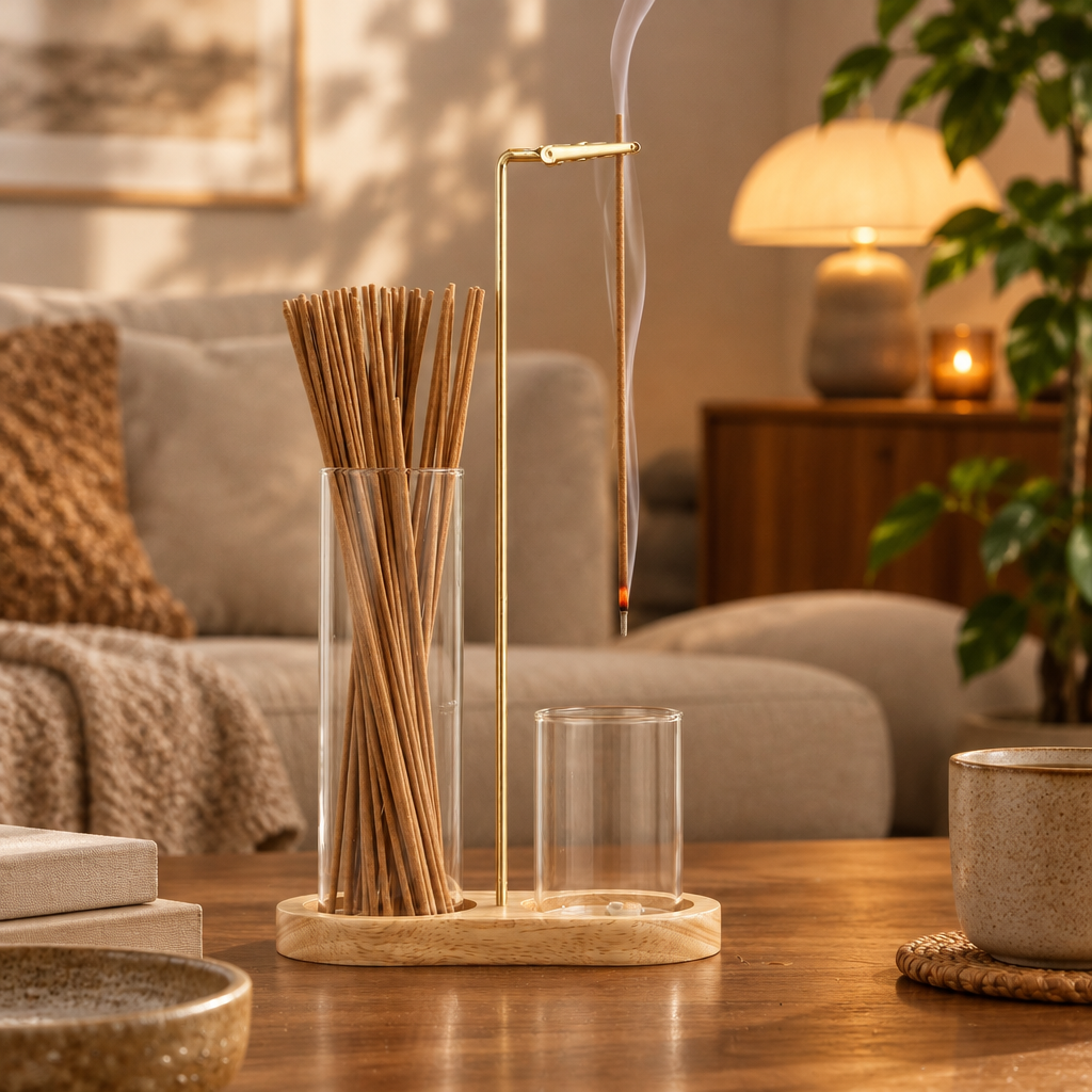 Hanging Incense Holder with Glass Ash Catcher styled in a warm home interior