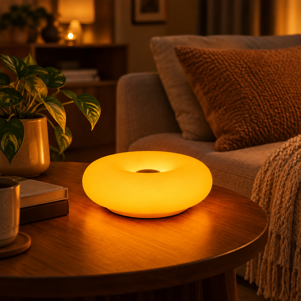 Donut LED Mood Lamp with Remote styled in a warm home interior