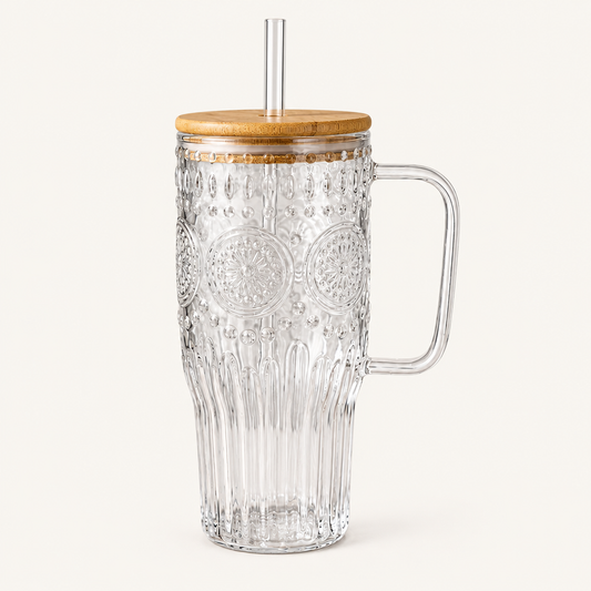 Embossed Glass Mug with Bamboo Lid and Straw, 32 oz on a plain off-white background