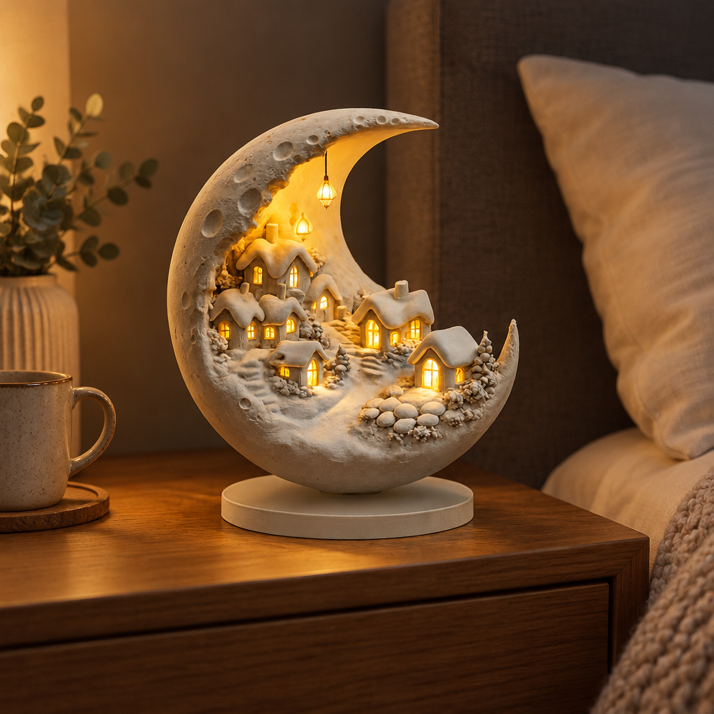 Acrylic Moon Lamp with Winter Village - styled