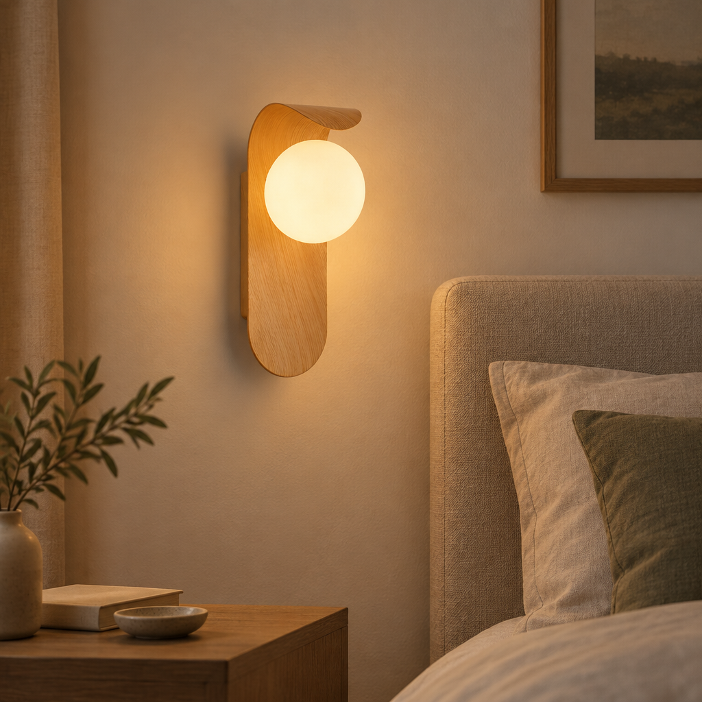 Scandinavian Wooden Wall Light with Glass Globe - styled