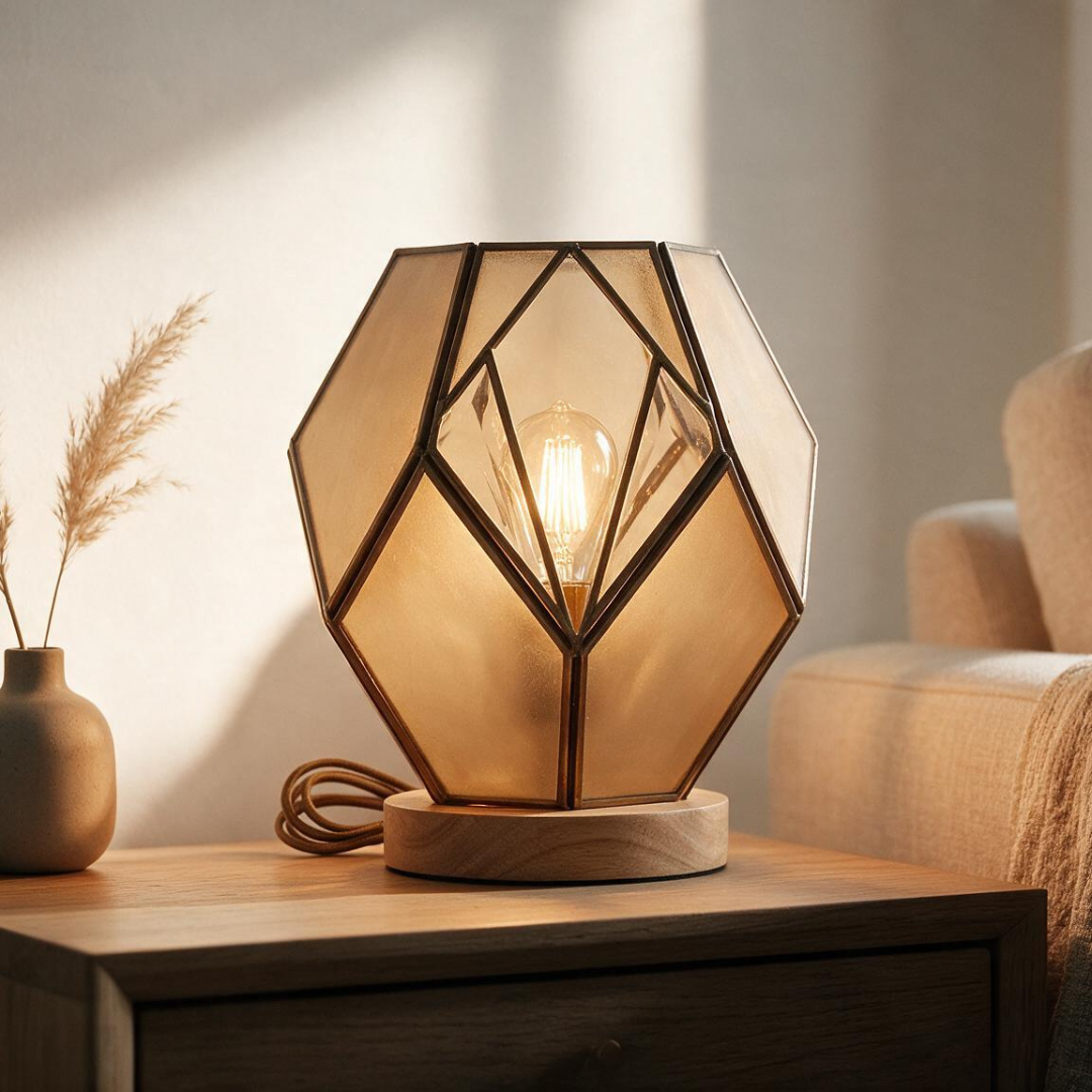 HoneyGlow amber geometric glass table lamp in a warm, cozy styled room