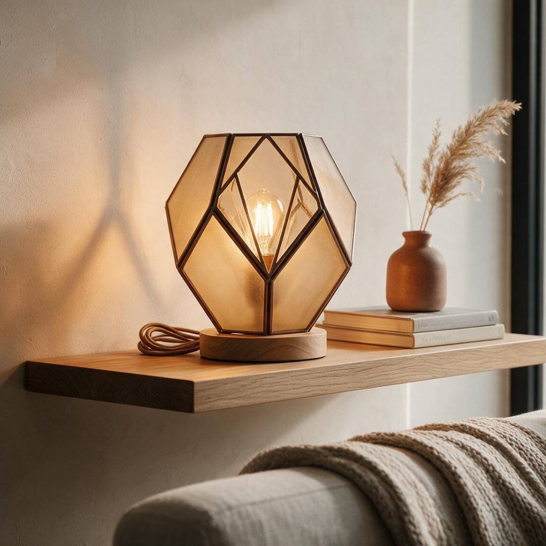 HoneyGlow amber geometric glass table lamp, warm cozy lifestyle detail