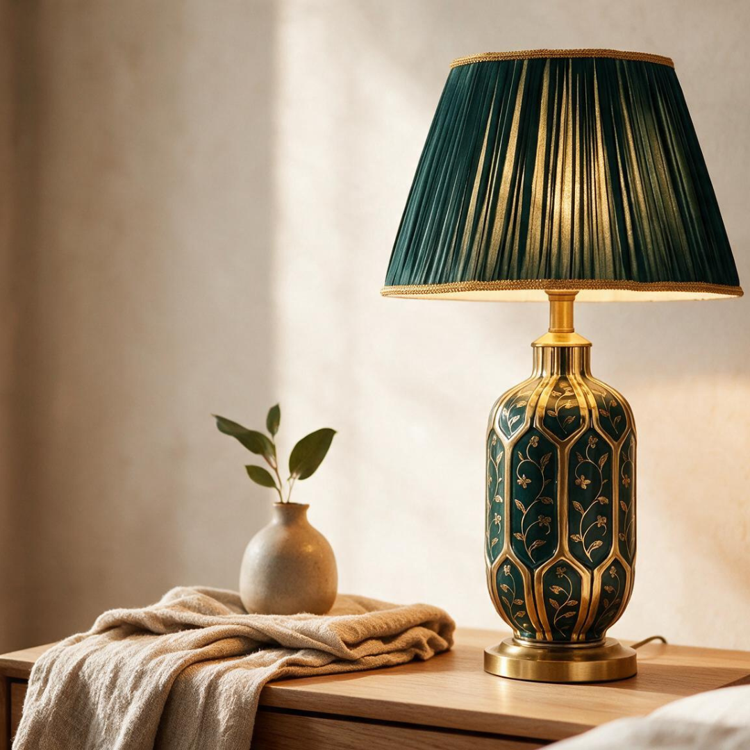 IvyGlow green ceramic table lamp in a warm, cozy styled room