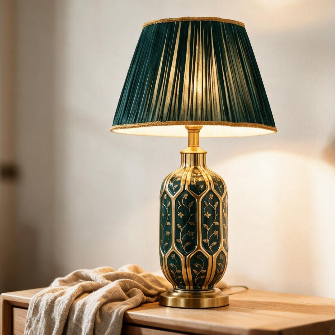 IvyGlow green ceramic table lamp, warm cozy lifestyle detail