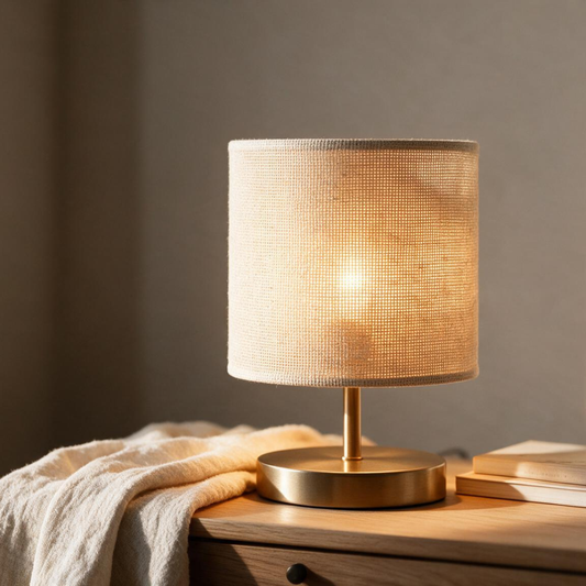 LinenGlow natural fabric table lamp in a warm, cozy styled room