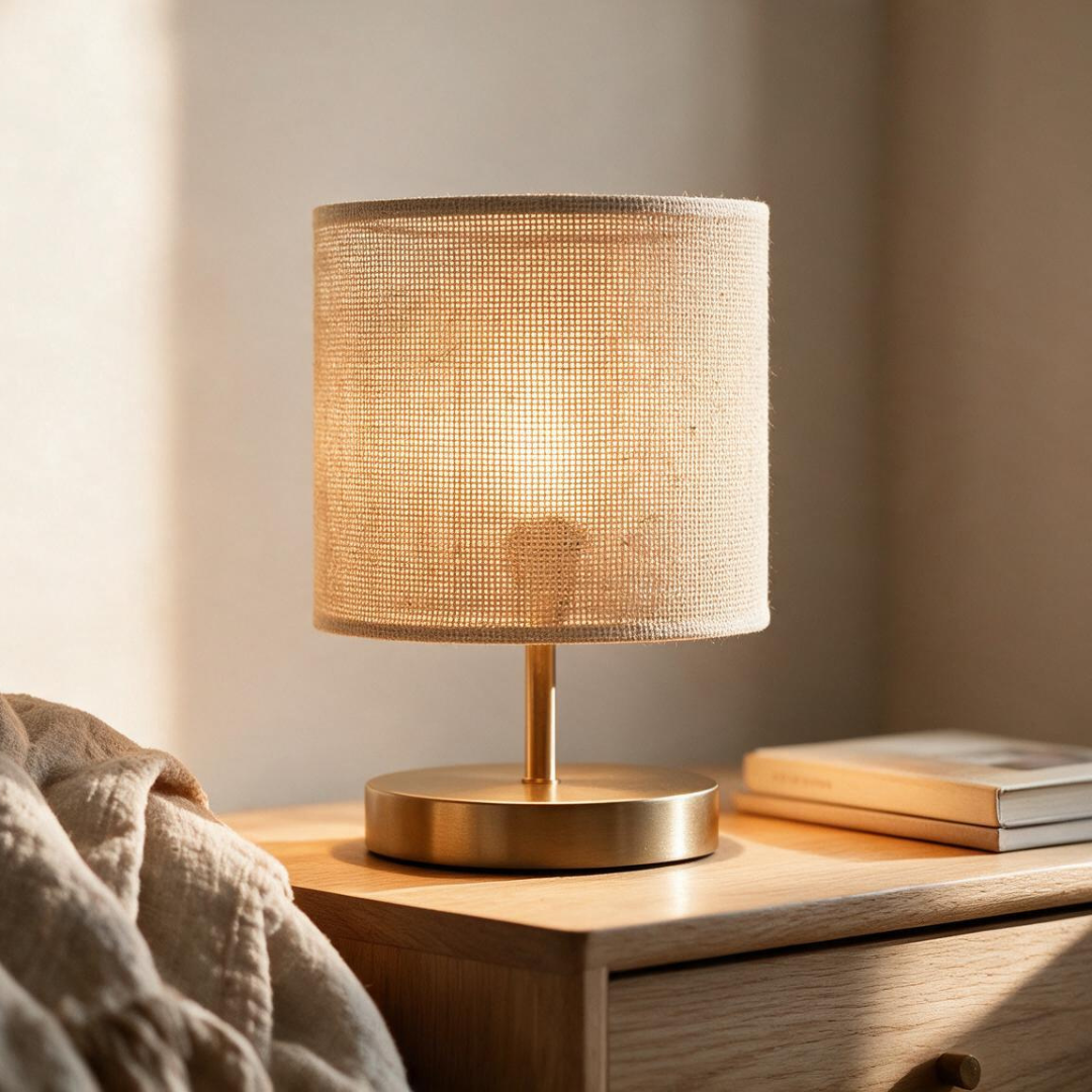 LinenGlow natural fabric table lamp, warm cozy lifestyle detail