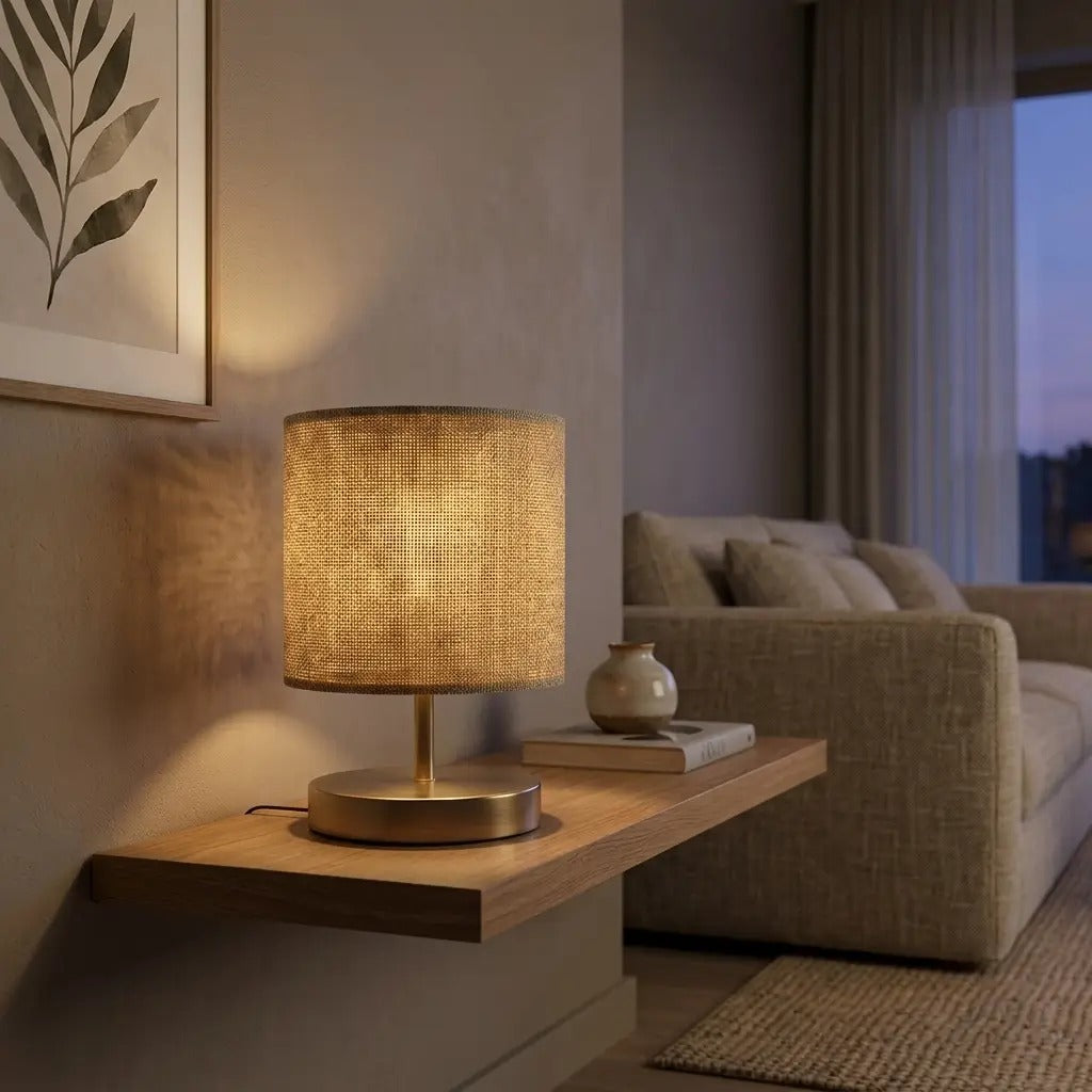 LinenGlow woven linen table lamp with a brass base