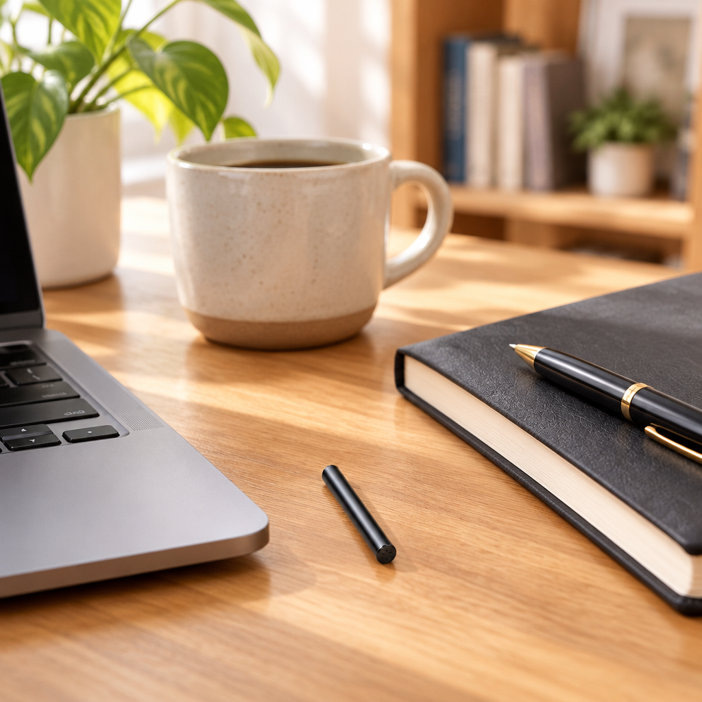 Mini Voice Recorder with Voice Activation, 16 or 32 GB on a wooden desk next to a notebook and pen in a bright home office