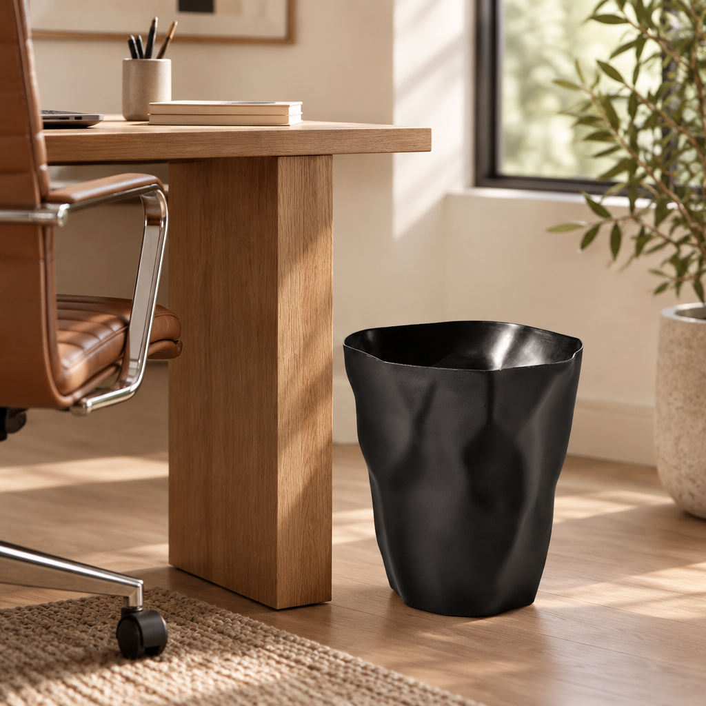 Minimalist Wastebasket with Irregular Shape beside a desk in a stylish modern home office