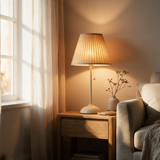 MistGlow natural pleated fabric table lamp in a warm, cozy styled room