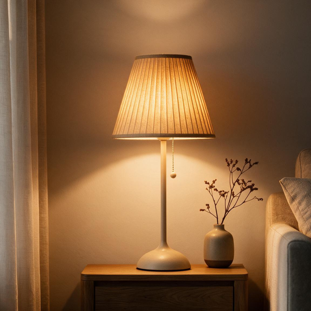 MistGlow natural pleated fabric table lamp, warm cozy lifestyle detail