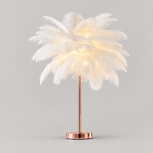 Ostrich Feather Palm Tree Table Lamp with Remote on a neutral background