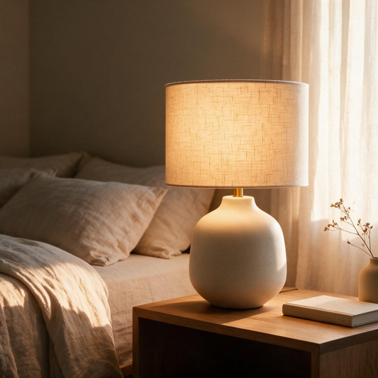 PearlGlow ivory ceramic table lamp in a warm, cozy styled room