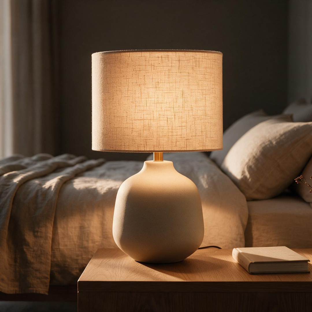 PearlGlow ivory ceramic table lamp, warm cozy lifestyle detail