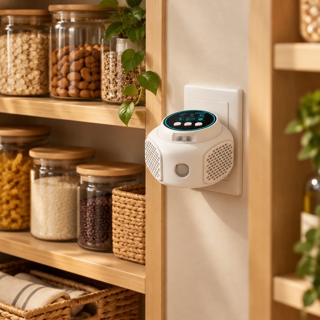 Plug-In Ultrasonic Mouse and Rat Repeller plugged into a wall socket in a clean pantry with shelves of jars