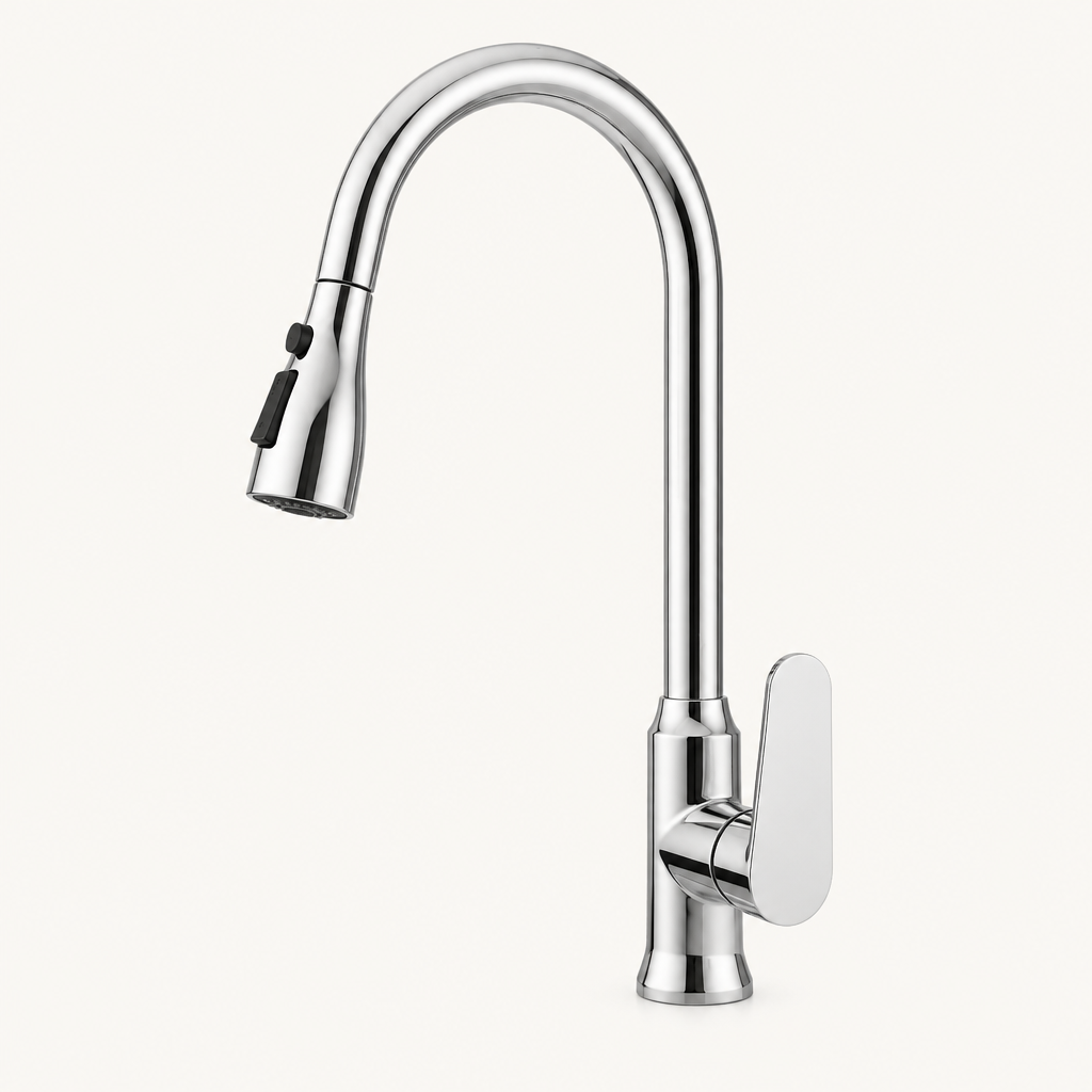 Pull-Out Kitchen Faucet with 360° Swivel Spout on a plain light background