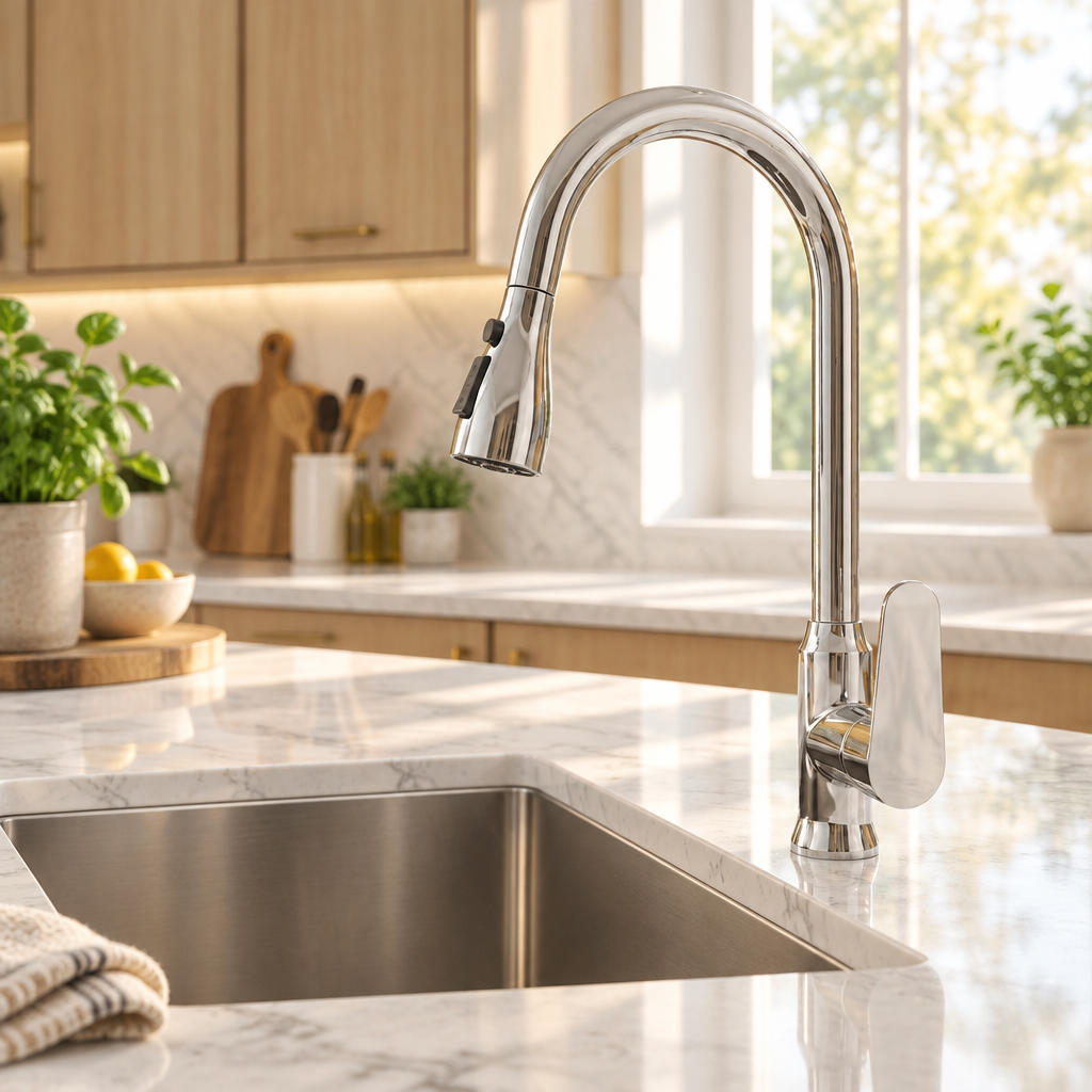 Pull-Out Kitchen Faucet with 360° Swivel Spout installed on a sleek kitchen sink in a bright modern kitchen with a marble countertop